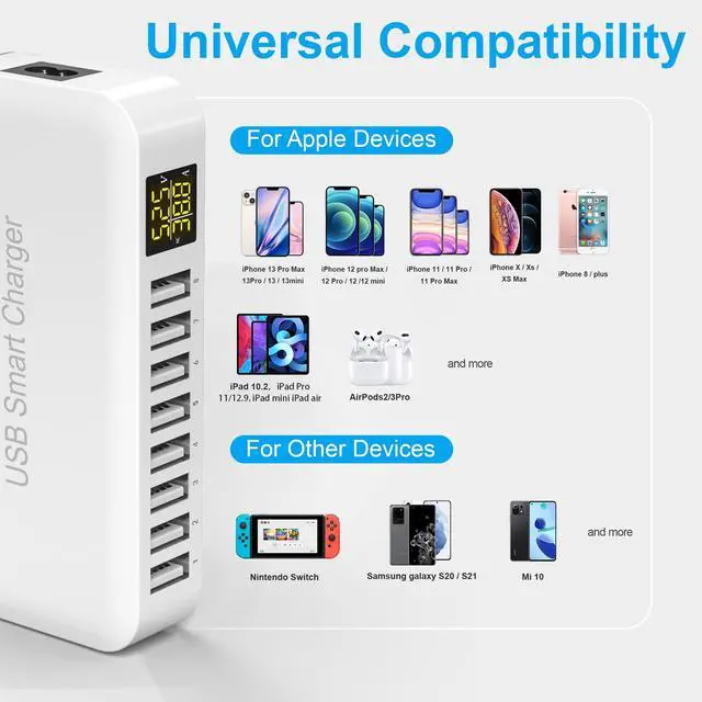 Alt view image 3 of 6 - USB Charging Station, Ziwodiv 8-Port 60W/12A Charger Station, Multi Ports USB-A Charging Hub with LED Display, Compact Desktop Charger for Multiple Devices, iPhone iPad Samsung Android and Tablet