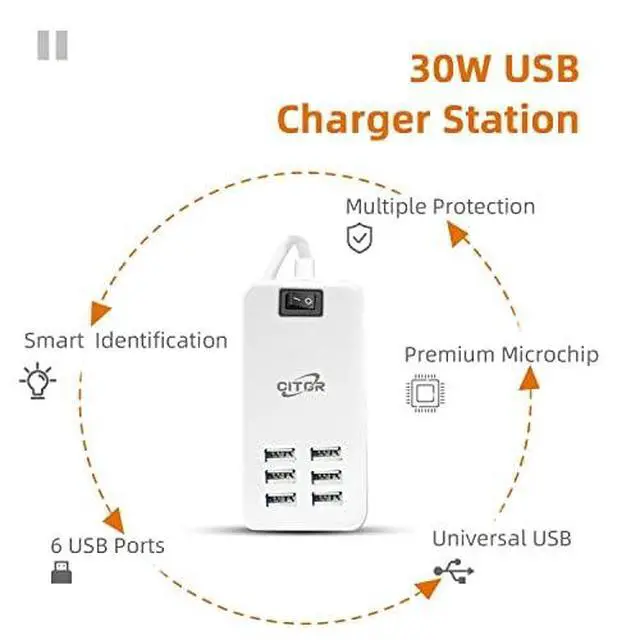 Alt view image 2 of 7 - Multi USB Charger, 6 Port USB Charging Station for Multiple Devices, Phone, Tablet, Power Strip with ON/Off Switch (White)