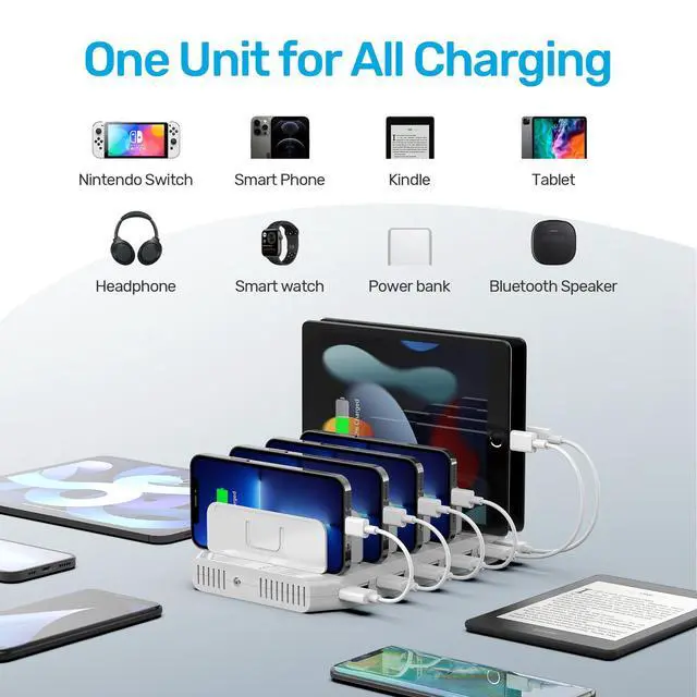 Alt view image 3 of 7 - Multi Charging Station, 10-Port USB Charger for Multiple Device with SmartIC Tech and Adjustable Dividers, Organizer Stand Compatible with iPad, Tablet, Kindle, iPhone