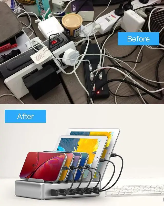 Alt view image 2 of 6 - Charging Station for Multiple Devices - 6 Port Multi USB-A Charger Stations Multi-Device Organizer Charging Dock for iPhone iPad Android Cell Phone Tablets with 6 Mixed Cables Included(UL Certified)