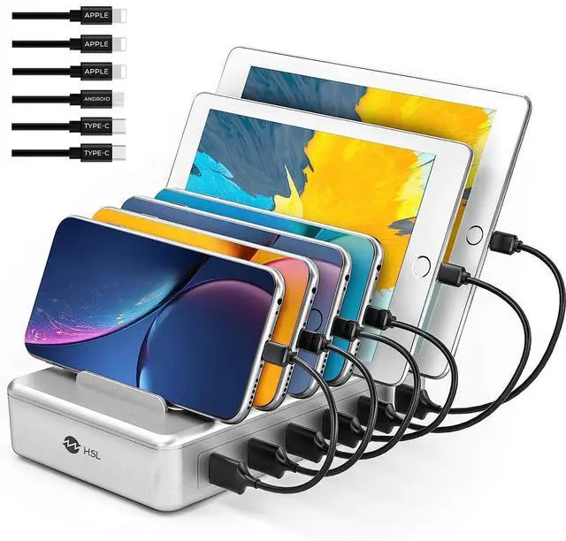 Main image of Charging Station for Multiple Devices - 6 Port Multi USB-A Charger Stations Multi-Device Organizer Charging Dock for iPhone iPad Android Cell Phone Tablets with 6 Mixed Cables Included(UL Certified)