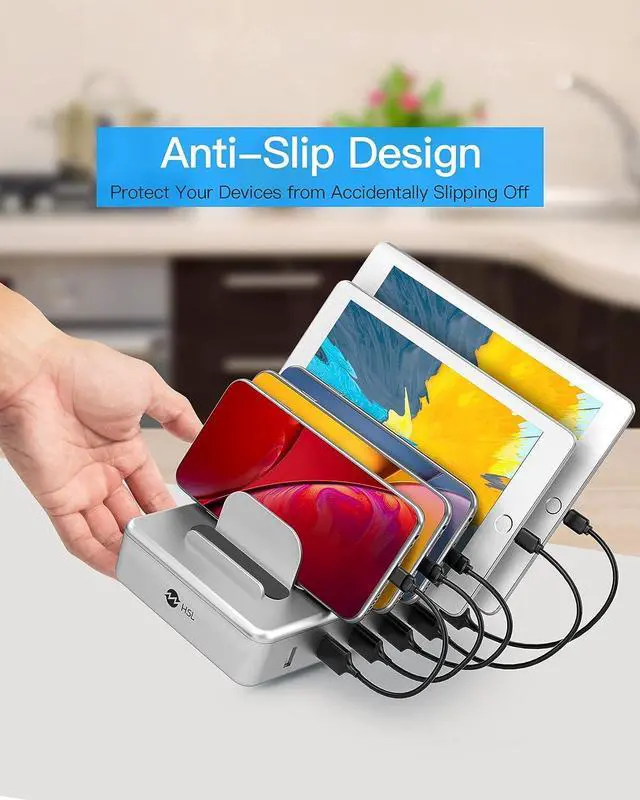 Alt view image 4 of 6 - Charging Station for Multiple Devices - 6 Port Multi USB-A Charger Stations Multi-Device Organizer Charging Dock for iPhone iPad Android Cell Phone Tablets with 6 Mixed Cables Included(UL Certified)