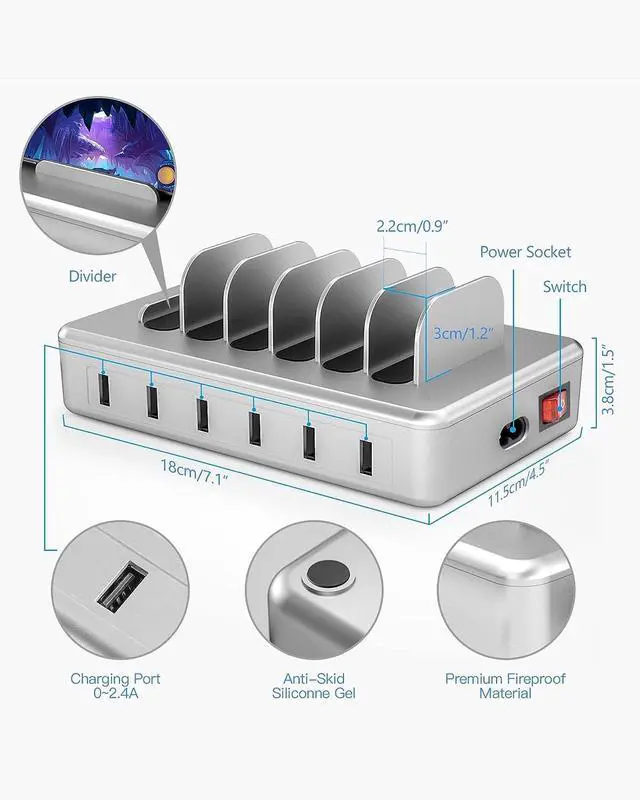Alt view image 5 of 6 - Charging Station for Multiple Devices - 6 Port Multi USB-A Charger Stations Multi-Device Organizer Charging Dock for iPhone iPad Android Cell Phone Tablets with 6 Mixed Cables Included(UL Certified)