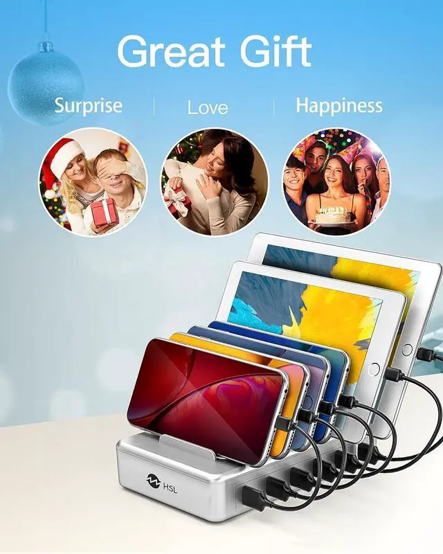 Alt view image 6 of 6 - Charging Station for Multiple Devices - 6 Port Multi USB-A Charger Stations Multi-Device Organizer Charging Dock for iPhone iPad Android Cell Phone Tablets with 6 Mixed Cables Included(UL Certified)