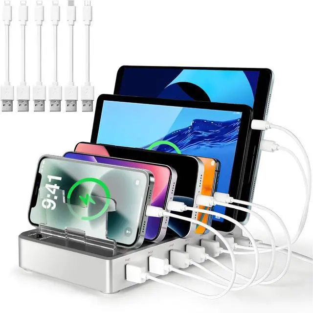 Main image of Charging Station for Multiple Devices, 6-Port USB Fast Charger with 6 Mixed Cables, Multi-Device Charging Dock for iPhone, iPad, Android Phones, Tablets, Kindle (Silver, Desktop & Wall Mount)