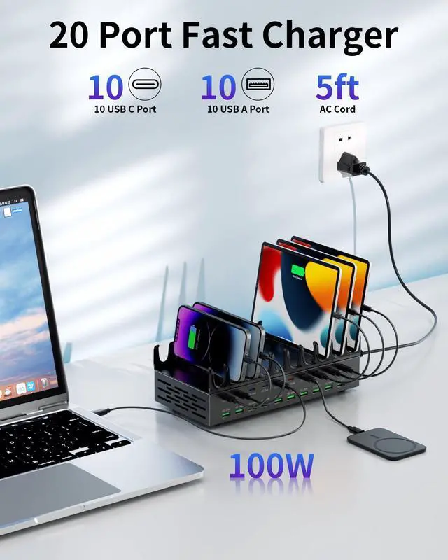 Alt view image 2 of 7 - 690W Charging Station for Multiple Devices, 20-Port USB C Fast Charging Station with Double 100W PD PPS Port, Multi Device Fast Charger Dock for MacBook Pro Laptop, iPhone, iPad, Tablet, Cell Phone