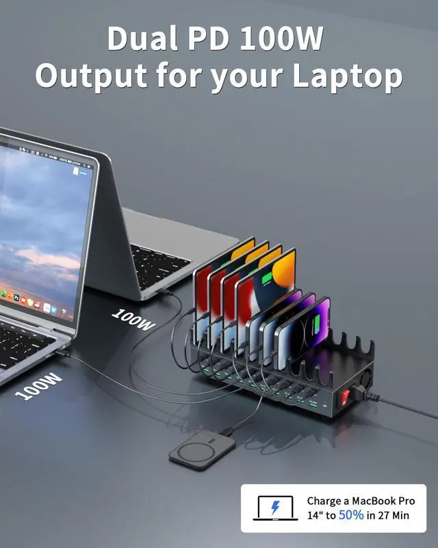 Alt view image 4 of 7 - 690W Charging Station for Multiple Devices, 20-Port USB C Fast Charging Station with Double 100W PD PPS Port, Multi Device Fast Charger Dock for MacBook Pro Laptop, iPhone, iPad, Tablet, Cell Phone