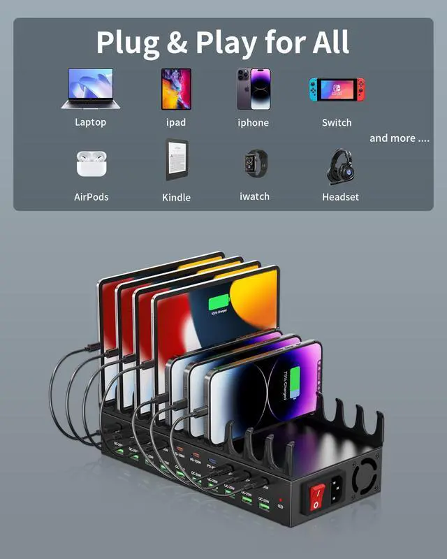 Alt view image 6 of 7 - 690W Charging Station for Multiple Devices, 20-Port USB C Fast Charging Station with Double 100W PD PPS Port, Multi Device Fast Charger Dock for MacBook Pro Laptop, iPhone, iPad, Tablet, Cell Phone