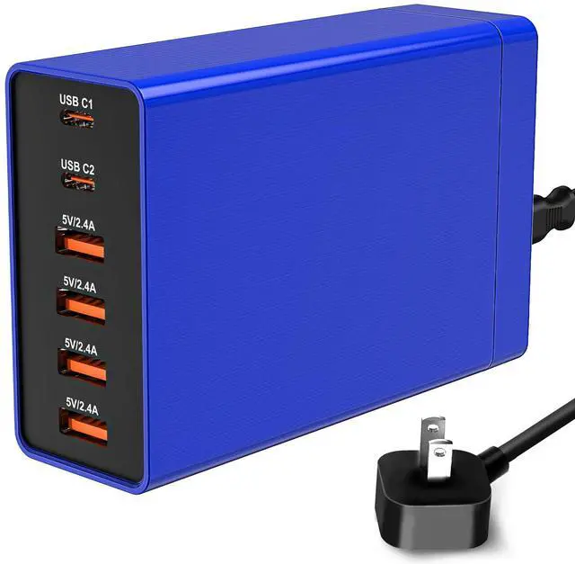 Main image of Multi USB Charger Block RISWOJOR, 40W Flat Plug 6 Port Charging Station with Auto Detect, USB Multiport Charger with Type-C 3A for Smartphone Tablet and Multiple Devices