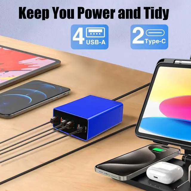 Alt view image 2 of 7 - Multi USB Charger Block RISWOJOR, 40W Flat Plug 6 Port Charging Station with Auto Detect, USB Multiport Charger with Type-C 3A for Smartphone Tablet and Multiple Devices