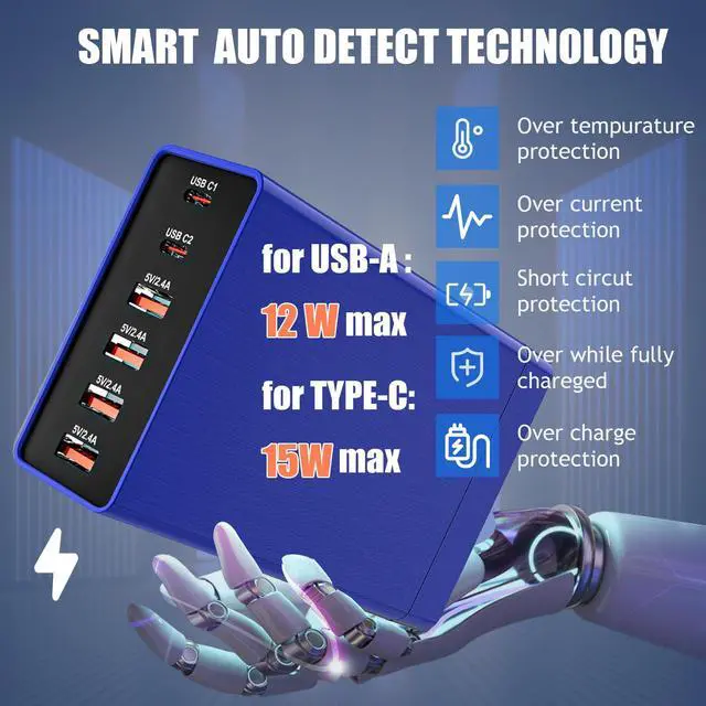 Alt view image 3 of 7 - Multi USB Charger Block RISWOJOR, 40W Flat Plug 6 Port Charging Station with Auto Detect, USB Multiport Charger with Type-C 3A for Smartphone Tablet and Multiple Devices