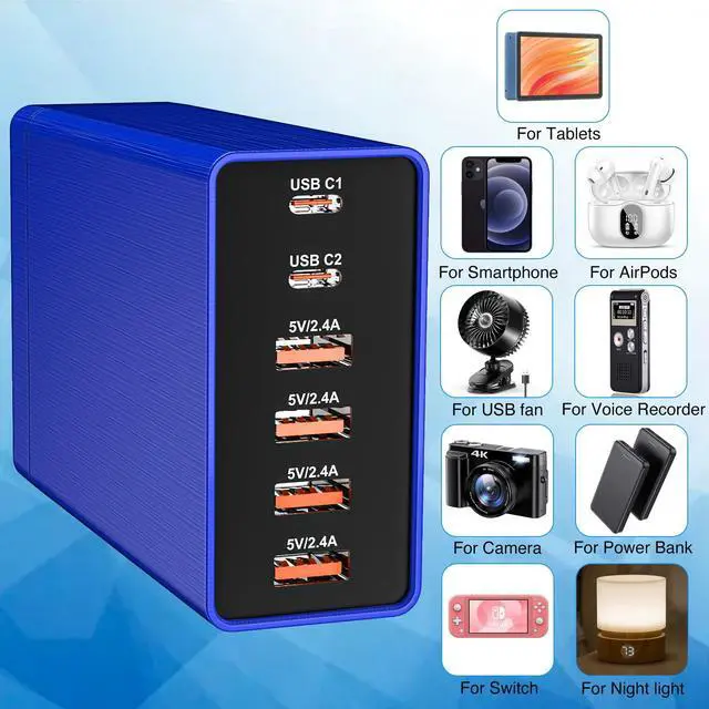 Alt view image 4 of 7 - Multi USB Charger Block RISWOJOR, 40W Flat Plug 6 Port Charging Station with Auto Detect, USB Multiport Charger with Type-C 3A for Smartphone Tablet and Multiple Devices