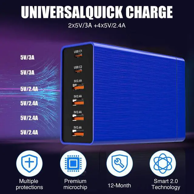 Alt view image 7 of 7 - Multi USB Charger Block RISWOJOR, 40W Flat Plug 6 Port Charging Station with Auto Detect, USB Multiport Charger with Type-C 3A for Smartphone Tablet and Multiple Devices