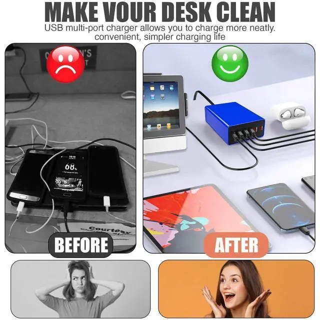 Alt view image 6 of 7 - Multi USB Charger Block RISWOJOR, 40W Flat Plug 6 Port Charging Station with Auto Detect, USB Multiport Charger with Type-C 3A for Smartphone Tablet and Multiple Devices