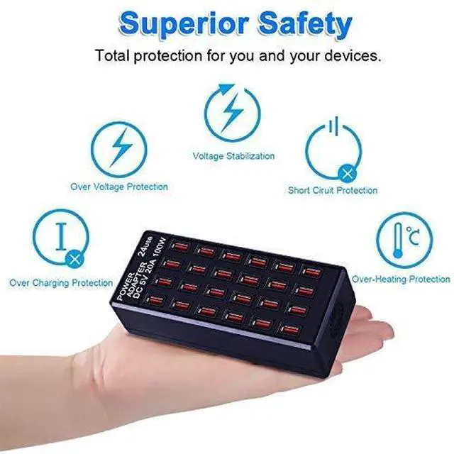 Alt view image 4 of 7 - 24-Port 100W (20 A) USB Charging Station, Home-Sized Desktop US Fast Charger, Multiple USB Desktop Chargers for Hotels, Schools, Shops, Shopping malls and Travel