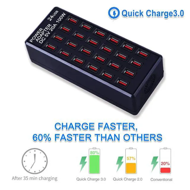 Alt view image 3 of 7 - 24-Port 100W (20 A) USB Charging Station, Home-Sized Desktop US Fast Charger, Multiple USB Desktop Chargers for Hotels, Schools, Shops, Shopping malls and Travel