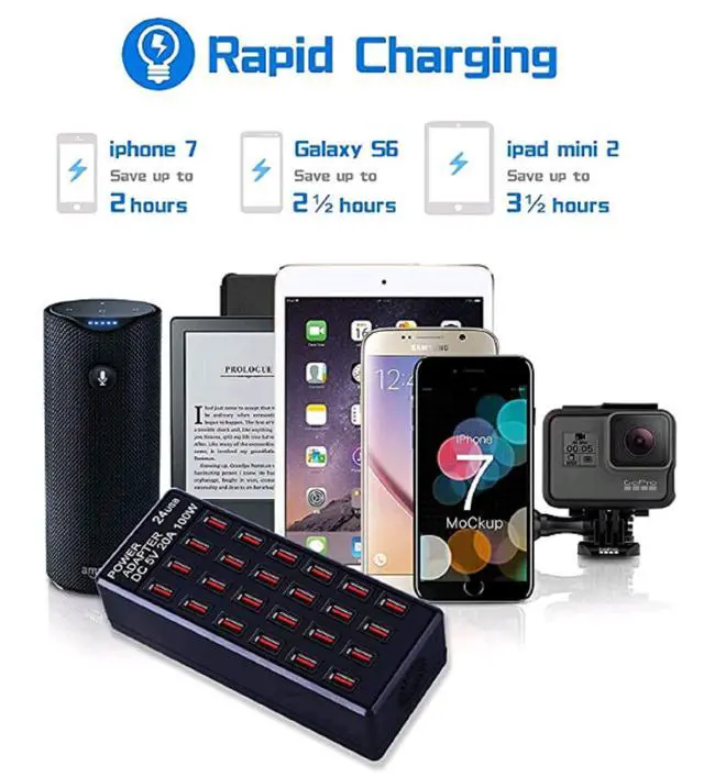 Alt view image 6 of 7 - 24-Port 100W (20 A) USB Charging Station, Home-Sized Desktop US Fast Charger, Multiple USB Desktop Chargers for Hotels, Schools, Shops, Shopping malls and Travel