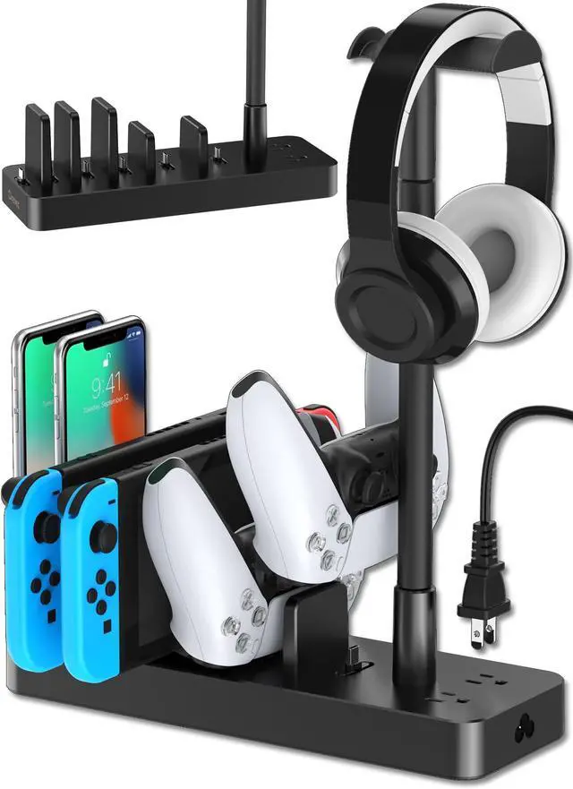 Main image of Charging Station for Multiple Devices, 6 Port USB C Fast Charger Station with 2 AC Outlets and Headset Stand, USB Charging Dock Compatible with Cellphone, Tablet, Kindle, iPhone, iPad and More