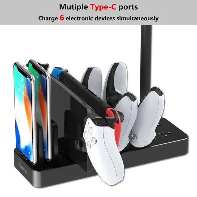 Alt view image 4 of 7 - Charging Station for Multiple Devices, 6 Port USB C Fast Charger Station with 2 AC Outlets and Headset Stand, USB Charging Dock Compatible with Cellphone, Tablet, Kindle, iPhone, iPad and More