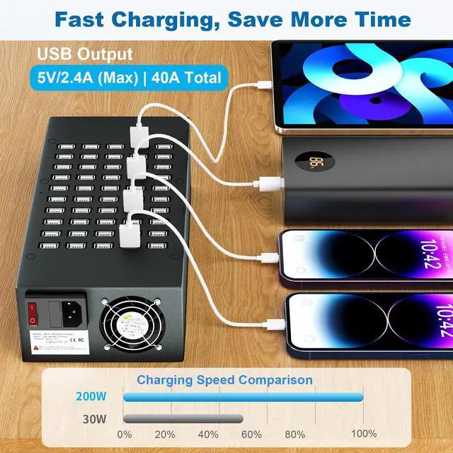 Alt view image 3 of 7 - 50 Port 200 Watt (40A) USB Charging Station, USB Fast Charger with Intelligent Protection, Multiple USB Desktop Chargers, Suitable for Hotels, Shops, Schools, Shopping malls