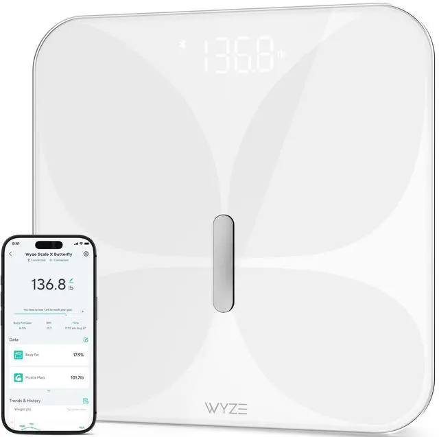 Main image of Wyze Smart Scale X Butterfly - Bathroom Scale for Body Weight, BMI, Body Fat, Muscle Mass, Accurate Bluetooth Digital Scale for Body Composition Analyzer | Sync Health Apps | ITO Glass, 400 lbs, White