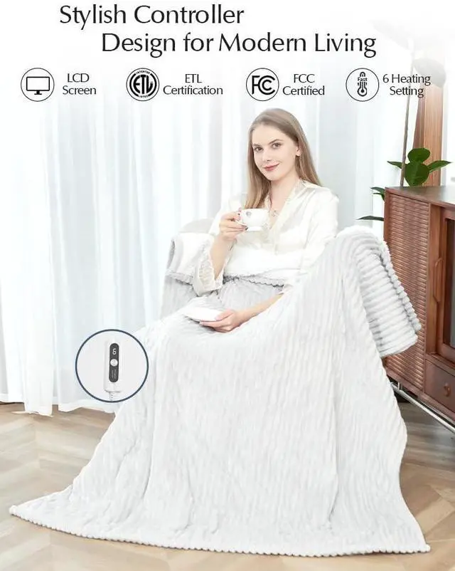 Alt view image 6 of 7 - Heated Blanket Throw Size, Soft and Cozy Electric Heating Blanket for Bed, Automatic Safety System 6 Heating Levels & 4 Hours Auto-Off, 50" x 60" Light Grey