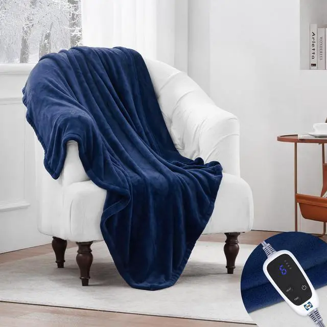 Alt view image 5 of 7 - Electric Blanket Throw, Soft Flannel Heated Blanket with 6 Heat Settings & 2-10 Hours Auto Shut Off, Fast Heating & Machine Washable, 50x60 Inch, Navy