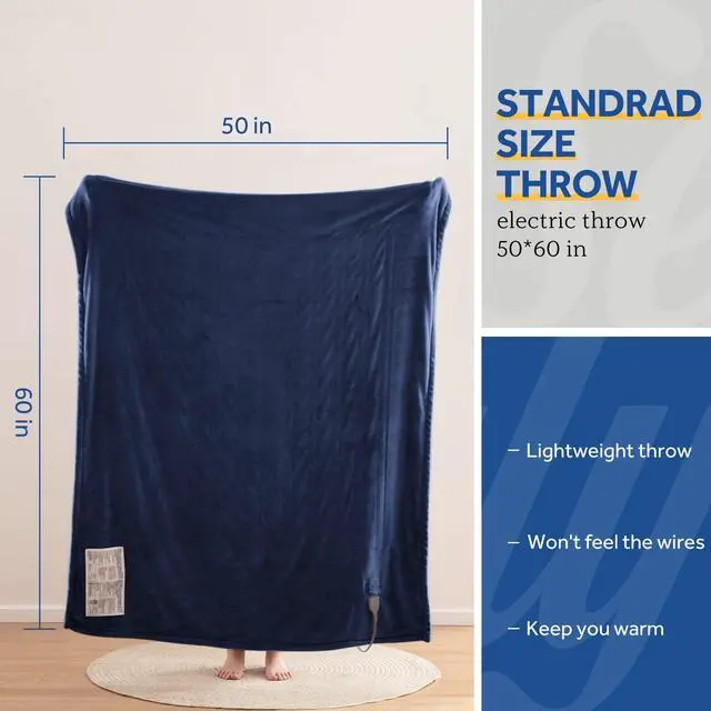 Alt view image 7 of 7 - Electric Blanket Throw, Soft Flannel Heated Blanket with 6 Heat Settings & 2-10 Hours Auto Shut Off, Fast Heating & Machine Washable, 50x60 Inch, Navy