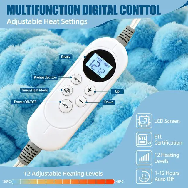 Alt view image 3 of 7 - Heated Blanket Flannel Throw Blanket, 50"X 60" Electric Heating Blanket with ETL & FCC & 12 Heating Levels & Auto Shut OffMachine Washable (Sky Blue)