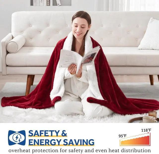 Alt view image 4 of 7 - Heated Throw Blanket, Flannel & Sherpa Cozy Soft Electric Throw with 6 Heat Settings & 2-10 Hours Auto Shut Off, Machine Washable, 50x60 Inch, Burgundy