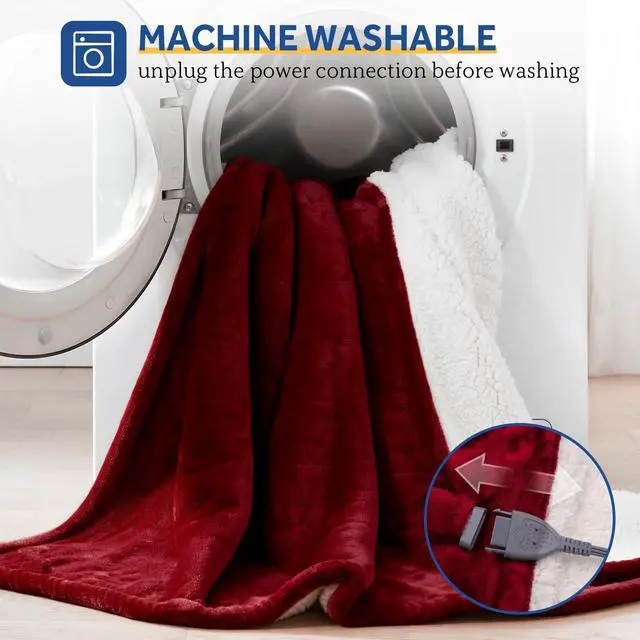Alt view image 6 of 7 - Heated Throw Blanket, Flannel & Sherpa Cozy Soft Electric Throw with 6 Heat Settings & 2-10 Hours Auto Shut Off, Machine Washable, 50x60 Inch, Burgundy
