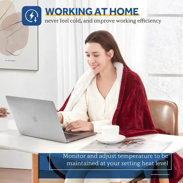 Alt view image 7 of 7 - Heated Throw Blanket, Flannel & Sherpa Cozy Soft Electric Throw with 6 Heat Settings & 2-10 Hours Auto Shut Off, Machine Washable, 50x60 Inch, Burgundy