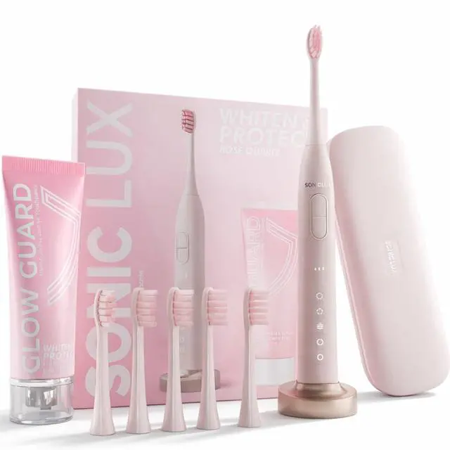 Main image of Sonic Lux Pink Electric Toothbrush for Adults Luxury Rechargeable Sonic Electric Toothbrush with GlowGuard Nano-Hydroxyapatite Whitening Toothpaste & 6 Brush Heads