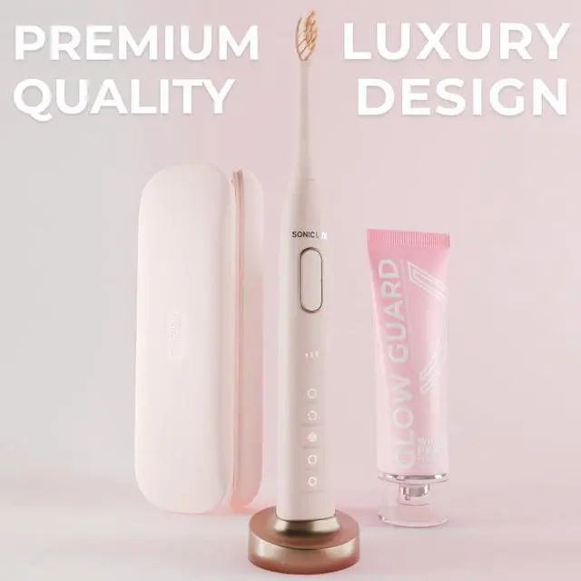 Alt view image 7 of 7 - Sonic Lux Pink Electric Toothbrush for Adults Luxury Rechargeable Sonic Electric Toothbrush with GlowGuard Nano-Hydroxyapatite Whitening Toothpaste & 6 Brush Heads
