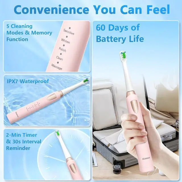 Alt view image 6 of 7 - Sonic Toothbrush with 8 Brush Heads, Pink Electric Toothbrush for Women and Girls with Fast Charge 4 Hours Last 60 Days, 2-Min & 30s Smart Timer, IPX7 Waterproof, Type-C Charging