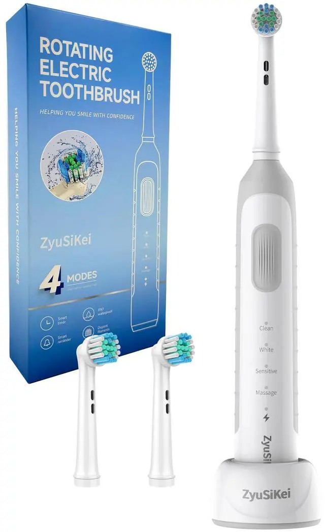 Main image of Rotating Electric Toothbrush for Adults - Round Head, Gentle on Gums, 4 Modes with 2-Min Timer, TPE Soft-Grip Handle, IPX7 Waterproof, USB Charging Base (White)