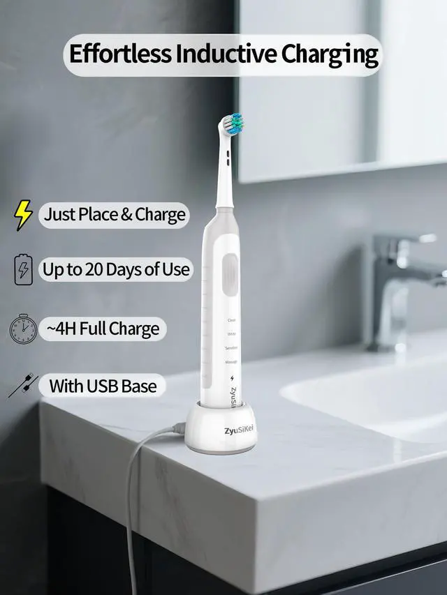 Alt view image 6 of 7 - Rotating Electric Toothbrush for Adults - Round Head, Gentle on Gums, 4 Modes with 2-Min Timer, TPE Soft-Grip Handle, IPX7 Waterproof, USB Charging Base (White)