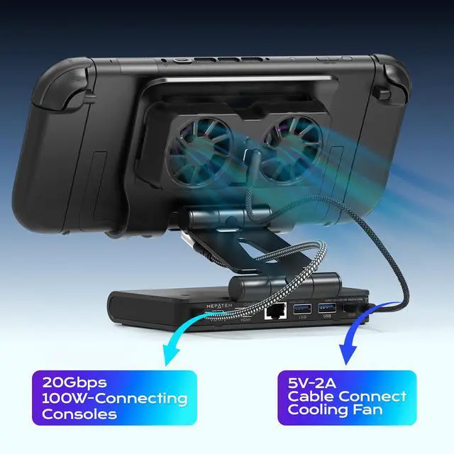 Alt view image 4 of 7 - 3 Speed Dual Magnetic Cooling Fan Steam Deck Docking Station for ROG Ally X | 6 in 1 Steam Deck Accessories for Legion Go/MSI Claw and Switch 2, 4K@144Hz, USB 3.2, PD100W, Ethernet Fit Steam Deck Dock