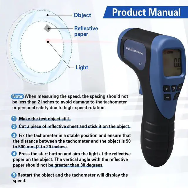 Alt view image 3 of 7 - Handheld Digital Laser Tachometer - Non-Contact RPM Meter, Measures 2.5-99,999 RPM, High Precision with LCD Display, Reflective Tape Included, Ideal for Motor Speed and Industrial Use