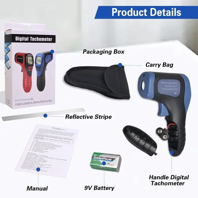Alt view image 7 of 7 - Handheld Digital Laser Tachometer - Non-Contact RPM Meter, Measures 2.5-99,999 RPM, High Precision with LCD Display, Reflective Tape Included, Ideal for Motor Speed and Industrial Use