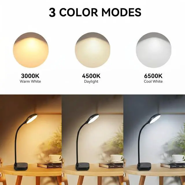 Alt view image 5 of 6 - Desk lamps for home office,Black,Battery desk lamp,5W Rechargeable desk lamp,3 Colors,Adjustable brightness,360°Gooseneck Hose,Small rechargeable reading lamp,Eye-friendly and Energy Saving