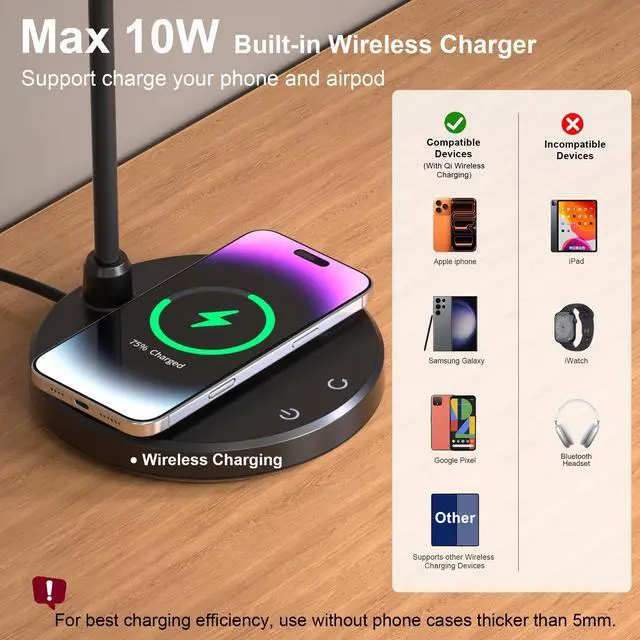 Alt view image 2 of 7 - Desk Lamp for Home Office, Small Desk Lamp with Wireless Charger, Dimmable 3 Color Modes Study Lamp, Adjustable Neck 800LM Eye-Caring Desk Light, Bedside, College Dorm, Adapter Included