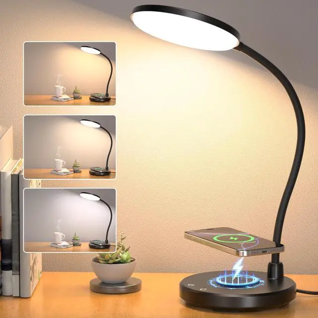 Main image of Desk Lamp for Home Office, Small Desk Lamp with Wireless Charger, Dimmable 3 Color Modes Study Lamp, Adjustable Neck 800LM Eye-Caring Desk Light, Bedside, College Dorm, Adapter Included