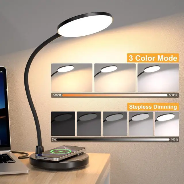 Alt view image 4 of 7 - Desk Lamp for Home Office, Small Desk Lamp with Wireless Charger, Dimmable 3 Color Modes Study Lamp, Adjustable Neck 800LM Eye-Caring Desk Light, Bedside, College Dorm, Adapter Included