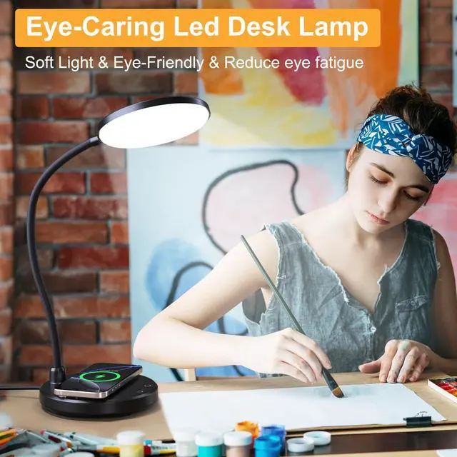 Alt view image 3 of 7 - Desk Lamp for Home Office, Small Desk Lamp with Wireless Charger, Dimmable 3 Color Modes Study Lamp, Adjustable Neck 800LM Eye-Caring Desk Light, Bedside, College Dorm, Adapter Included
