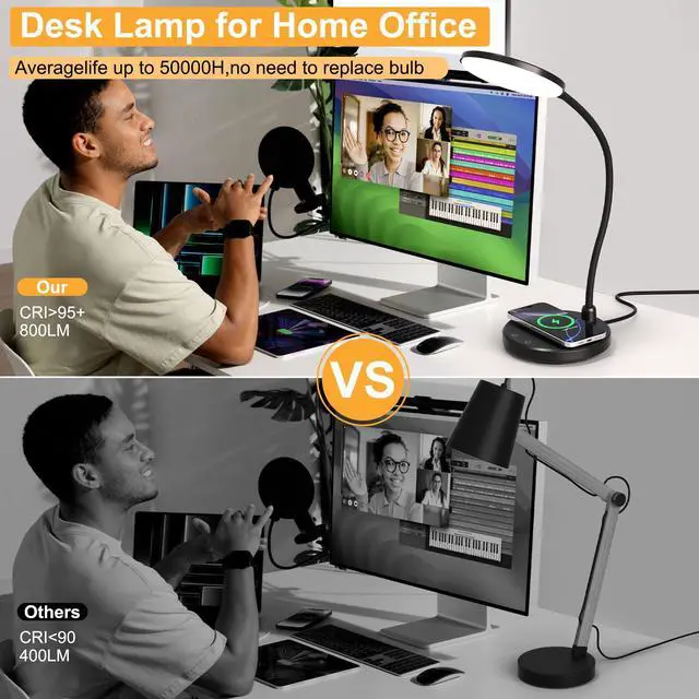 Alt view image 5 of 7 - Desk Lamp for Home Office, Small Desk Lamp with Wireless Charger, Dimmable 3 Color Modes Study Lamp, Adjustable Neck 800LM Eye-Caring Desk Light, Bedside, College Dorm, Adapter Included