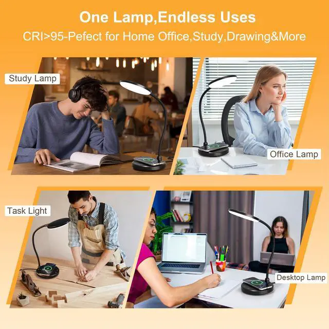 Alt view image 6 of 7 - Desk Lamp for Home Office, Small Desk Lamp with Wireless Charger, Dimmable 3 Color Modes Study Lamp, Adjustable Neck 800LM Eye-Caring Desk Light, Bedside, College Dorm, Adapter Included
