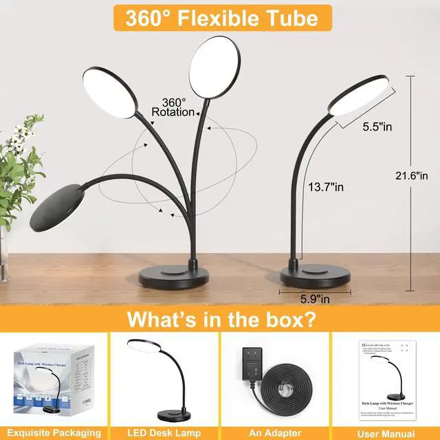 Alt view image 7 of 7 - Desk Lamp for Home Office, Small Desk Lamp with Wireless Charger, Dimmable 3 Color Modes Study Lamp, Adjustable Neck 800LM Eye-Caring Desk Light, Bedside, College Dorm, Adapter Included