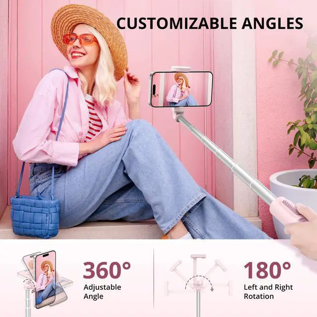 Alt view image 4 of 7 - 55" Selfie Stick Tripod, All-in-one Extendable Aluminum Phone Tripod with Rechargeable Bluetooth Remote for iPhone and More, Fitting 4.7-7 inch Smartphones, Pink
