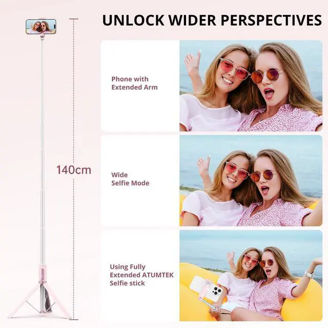 Alt view image 5 of 7 - 55" Selfie Stick Tripod, All-in-one Extendable Aluminum Phone Tripod with Rechargeable Bluetooth Remote for iPhone and More, Fitting 4.7-7 inch Smartphones, Pink